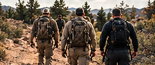 Men hiking up a forested mountain trail
