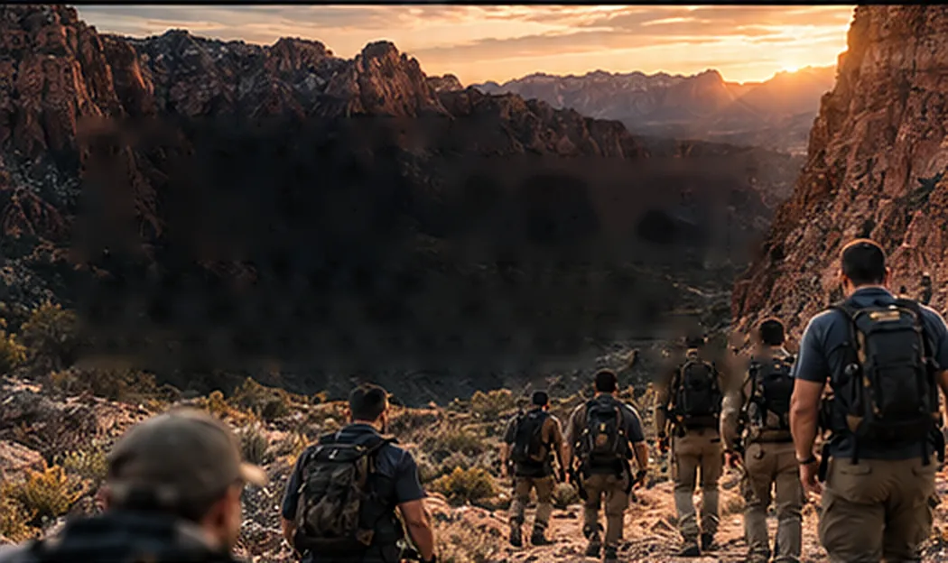 A group of men hiking a canyon trail at sunset