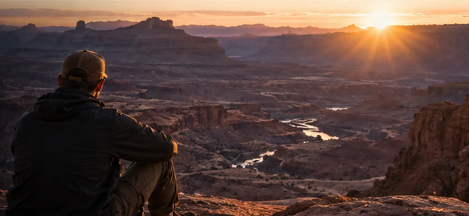 A man sitting on a canyon rim at sunrise