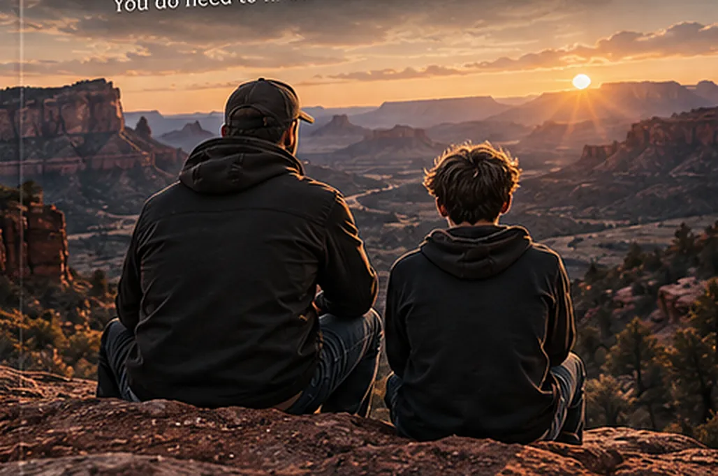 A father and son sitting on a red-rock ledge watching the sun set over a canyon